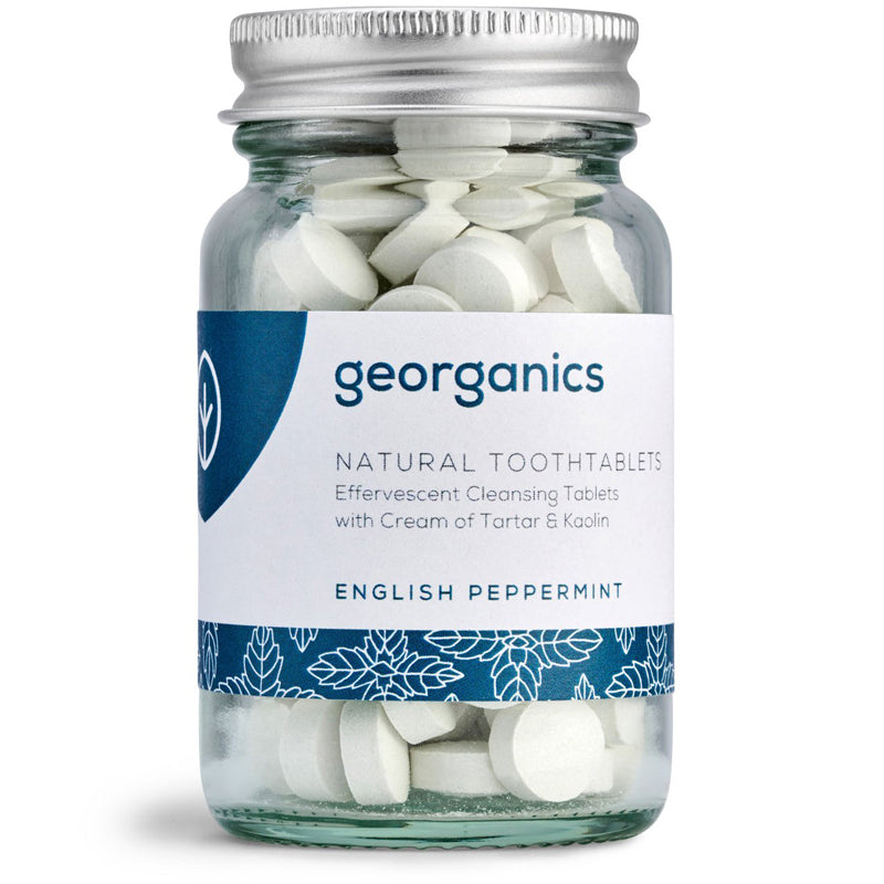 Georganics toothpaste tablets in a glass jar